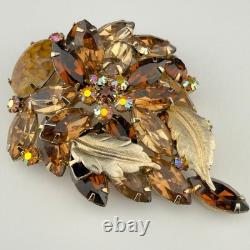 Vintage Hattie Carnegie Rhinestone Brooch Flower Gold Tone Brown Autumn Fall 3