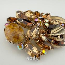 Vintage Hattie Carnegie Rhinestone Brooch Flower Gold Tone Brown Autumn Fall 3