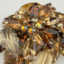 Vintage Hattie Carnegie Rhinestone Brooch Flower Gold Tone Brown Autumn Fall 3