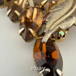 Vintage Hattie Carnegie Rhinestone Brooch Flower Gold Tone Brown Autumn Fall 3