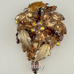 Vintage Hattie Carnegie Rhinestone Brooch Flower Gold Tone Brown Autumn Fall 3