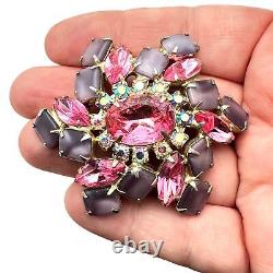 Vintage Hattie Carnegie Womens Brooch Pin Gold Tone Pink Purple Rhinestones