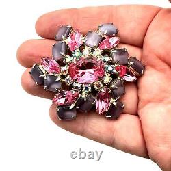 Vintage Hattie Carnegie Womens Brooch Pin Gold Tone Pink Purple Rhinestones