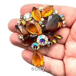 Vintage Hattie Carnegie Womens Brooch Pin Gold Tone amber orange Rhinestones