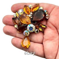 Vintage Hattie Carnegie Womens Brooch Pin Gold Tone amber orange Rhinestones