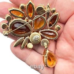 Vintage Hattie Carnegie Womens Brooch Pin Gold Tone amber orange Rhinestones