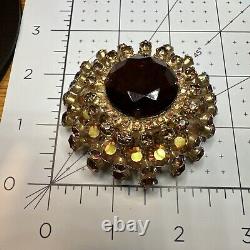 Vintage High End Amber Rhinestones 2 3/4x 1 High Domed Brooch Pin Jewelry