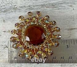 Vintage High End Amber Rhinestones 2 3/4x 1 High Domed Brooch Pin Jewelry #21