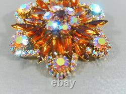 Vintage High End Elongated Marquise & Ab Rhinestone Ruffled Gold Tone Brooch