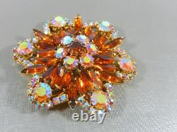 Vintage High End Elongated Marquise & Ab Rhinestone Ruffled Gold Tone Brooch