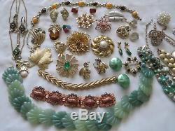 Vintage High End Gold Green Tone Rhinestone Necklace Bracelet Brooch Lot #19
