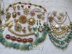 Vintage High End Gold Green Tone Rhinestone Necklace Bracelet Brooch Lot #19