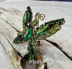 Vintage High End Gold Multicolor Green Tones Rhinestone Butterfly Brooch Pin #77