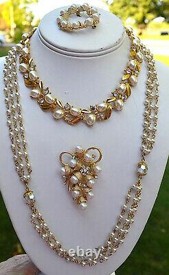 Vintage High End Rhinestone & Jade Pearl Jewelry Lot Brooch, Necklace, Bracelet