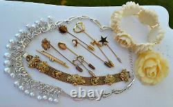 Vintage High End Rhinestone & Jade Pearl Jewelry Lot Brooch, Necklace, Bracelet