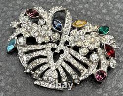 Vintage High End Rhodium Plated Rhinestone Flower Basket Brooch Colorful