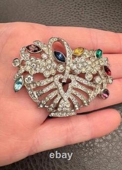 Vintage High End Rhodium Plated Rhinestone Flower Basket Brooch Colorful