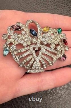 Vintage High End Rhodium Plated Rhinestone Flower Basket Brooch Colorful
