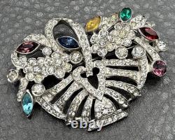 Vintage High End Rhodium Plated Rhinestone Flower Basket Brooch Colorful