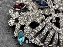 Vintage High End Rhodium Plated Rhinestone Flower Basket Brooch Colorful