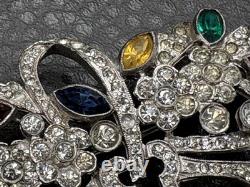 Vintage High End Rhodium Plated Rhinestone Flower Basket Brooch Colorful