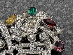 Vintage High End Rhodium Plated Rhinestone Flower Basket Brooch Colorful