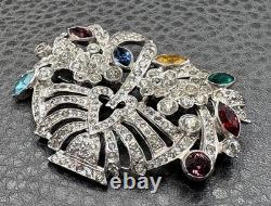 Vintage High End Rhodium Plated Rhinestone Flower Basket Brooch Colorful