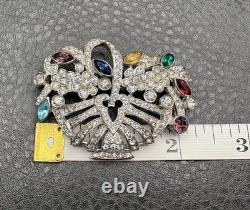 Vintage High End Rhodium Plated Rhinestone Flower Basket Brooch Colorful