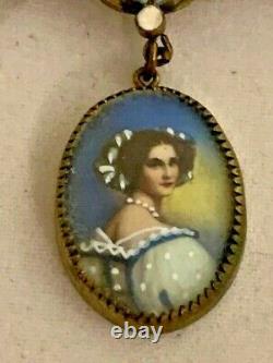 Vintage Hobe Brooch Dangle Painted Portrait Woman Faux Pearl Ruby Gold Tone Pin