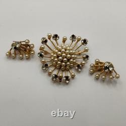 Vintage Hobe Brooch & Earrings Set Faux Pearl & Rhinestone