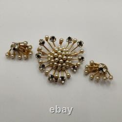 Vintage Hobe Brooch & Earrings Set Faux Pearl & Rhinestone