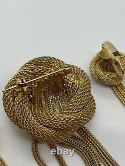 Vintage Hobe Mesh Gold Knot Crystal Rhinestone Tassel Brooch Earrings Unsigned