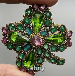 Vintage Hobe Open Back Glass Green Pink Rhinestone Clover Flower Brooch Pin