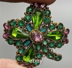 Vintage Hobe Open Back Glass Green Pink Rhinestone Clover Flower Brooch Pin