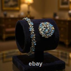 Vintage Hollycraft 1950 Blue Rhinestone Bracelet & Brooch Set Signed Mid-Century
