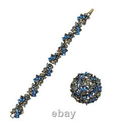 Vintage Hollycraft 1950 Blue Rhinestone Bracelet & Brooch Set Signed Mid-Century