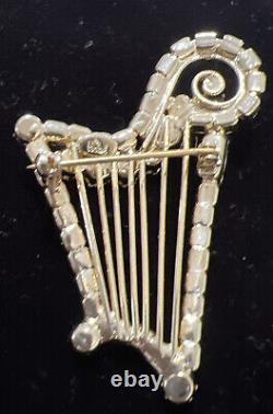 Vintage Hone Purple/ Light Green Glass Rhinestone Gold Tone Harp Brooch Pin NOS
