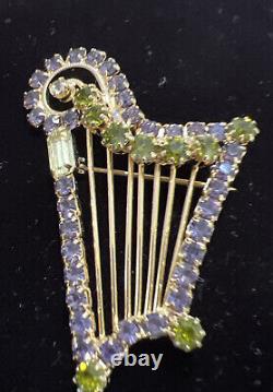 Vintage Hone Purple/ Light Green Glass Rhinestone Gold Tone Harp Brooch Pin NOS
