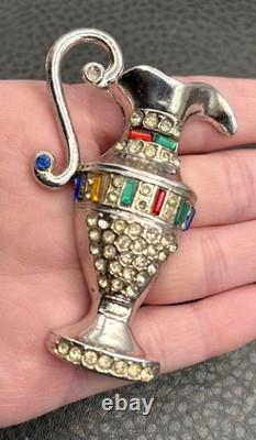 Vintage Huge 3 Deco Etruscan Style Pot Metal Urn Pitcher Brooch Pin Rhinestone