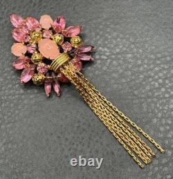 Vintage Huge 5 Pink Rhinestone Crystal Tassel Fringe Brooch Pin