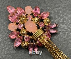 Vintage Huge 5 Pink Rhinestone Crystal Tassel Fringe Brooch Pin