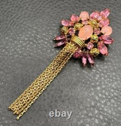Vintage Huge 5 Pink Rhinestone Crystal Tassel Fringe Brooch Pin