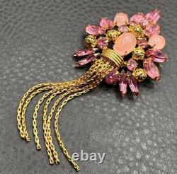 Vintage Huge 5 Pink Rhinestone Crystal Tassel Fringe Brooch Pin
