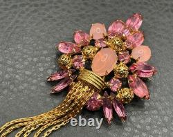 Vintage Huge 5 Pink Rhinestone Crystal Tassel Fringe Brooch Pin