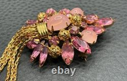 Vintage Huge 5 Pink Rhinestone Crystal Tassel Fringe Brooch Pin