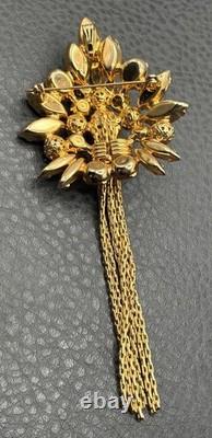 Vintage Huge 5 Pink Rhinestone Crystal Tassel Fringe Brooch Pin