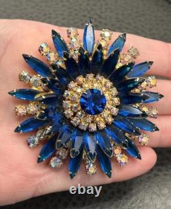 Vintage Huge Juliana Blue Crystal AB Rhinestone Starburst Brooch Gold Tone
