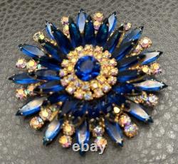 Vintage Huge Juliana Blue Crystal AB Rhinestone Starburst Brooch Gold Tone