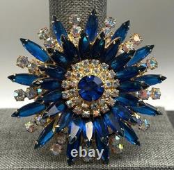 Vintage Huge Juliana Blue Crystal AB Rhinestone Starburst Brooch Gold Tone