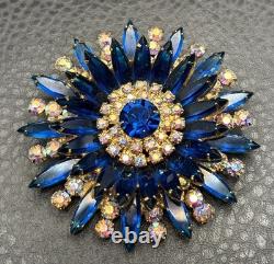 Vintage Huge Juliana Blue Crystal AB Rhinestone Starburst Brooch Gold Tone